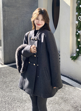 韩系高级感灰色翻领双排扣羽绒服女90白鸭绒中长款加厚保暖外套