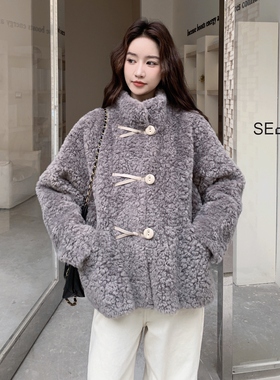 温柔风气质灰色羊羔毛短外套女冬季立领加厚保暖宽松显瘦皮毛一体