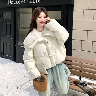 韩系简约白色羊羔毛翻领短款羽绒服女2025冬季新款白鸭绒厚外套