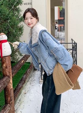 韩系复古羊羔毛大翻领牛仔羽绒服女短款宽松显瘦90白鸭绒毛毛外套