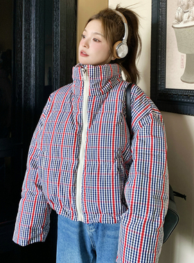 复古格子拼接羽绒服外套女秋冬新款宽松小个子显瘦加厚长袖上衣