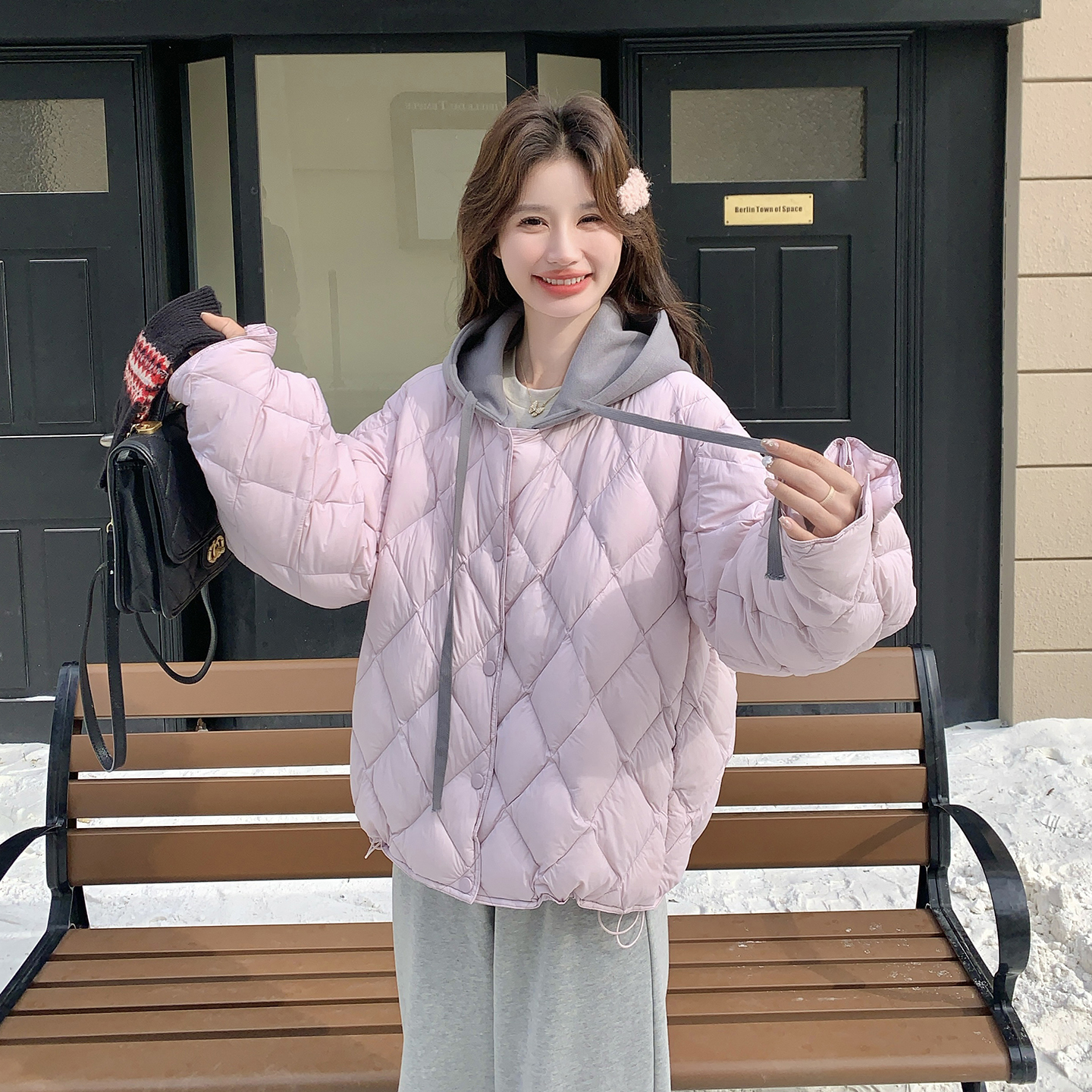 韩系气质紫色假两件连帽羽绒服