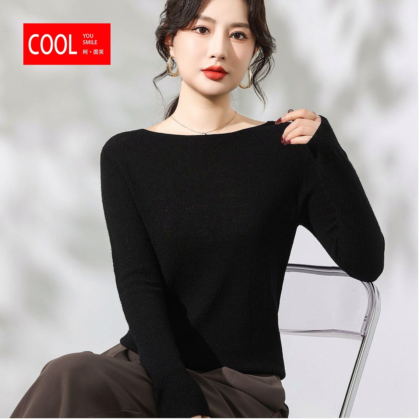 简约风一字领羊毛衫女2026春季修身型长袖套头针织衫透气薄款打底