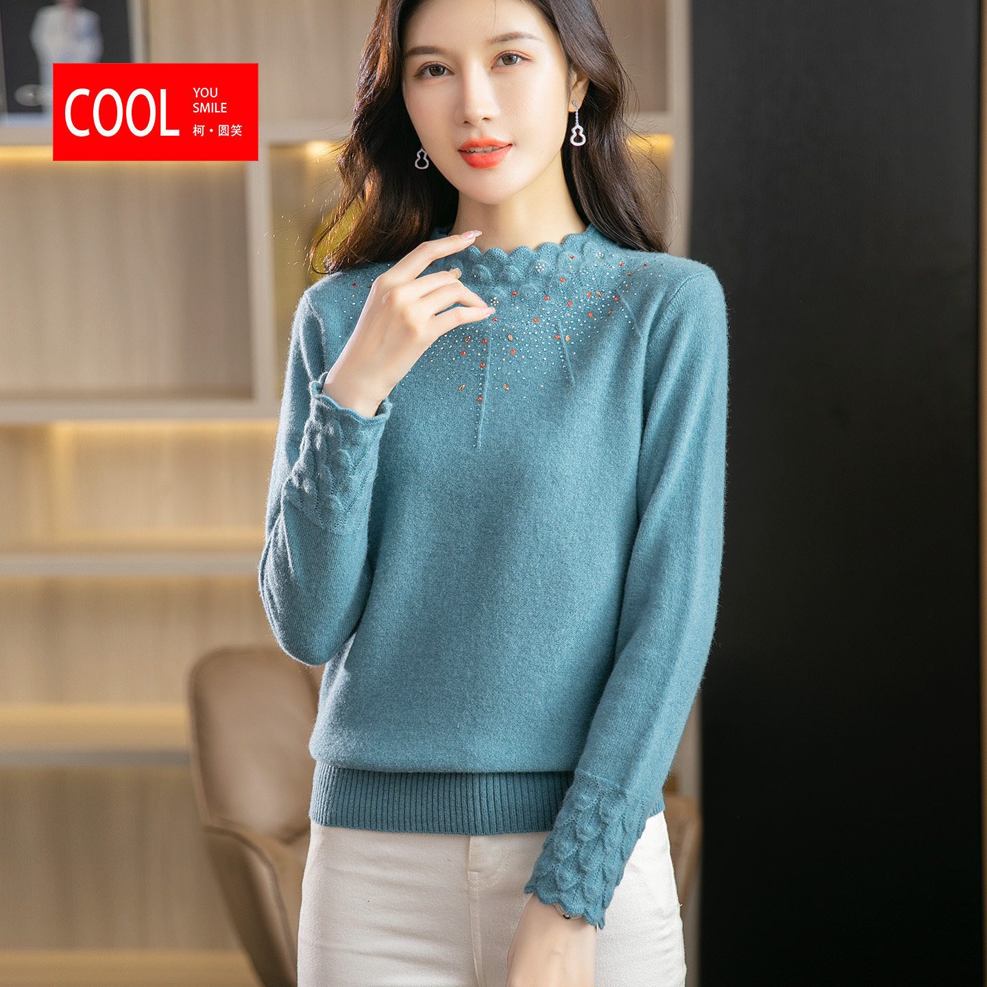 2026年冬季蓝绿色 全羊毛宽松毛衣女秋冬加厚针织衫保暖上衣长袖,女装/女士精品,毛针织衫,淘宝优惠券,粉丝福利购,淘宝优惠卷