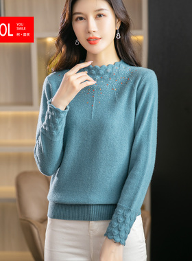 2026年冬季蓝绿色 全羊毛宽松毛衣女秋冬加厚针织衫保暖上衣长袖