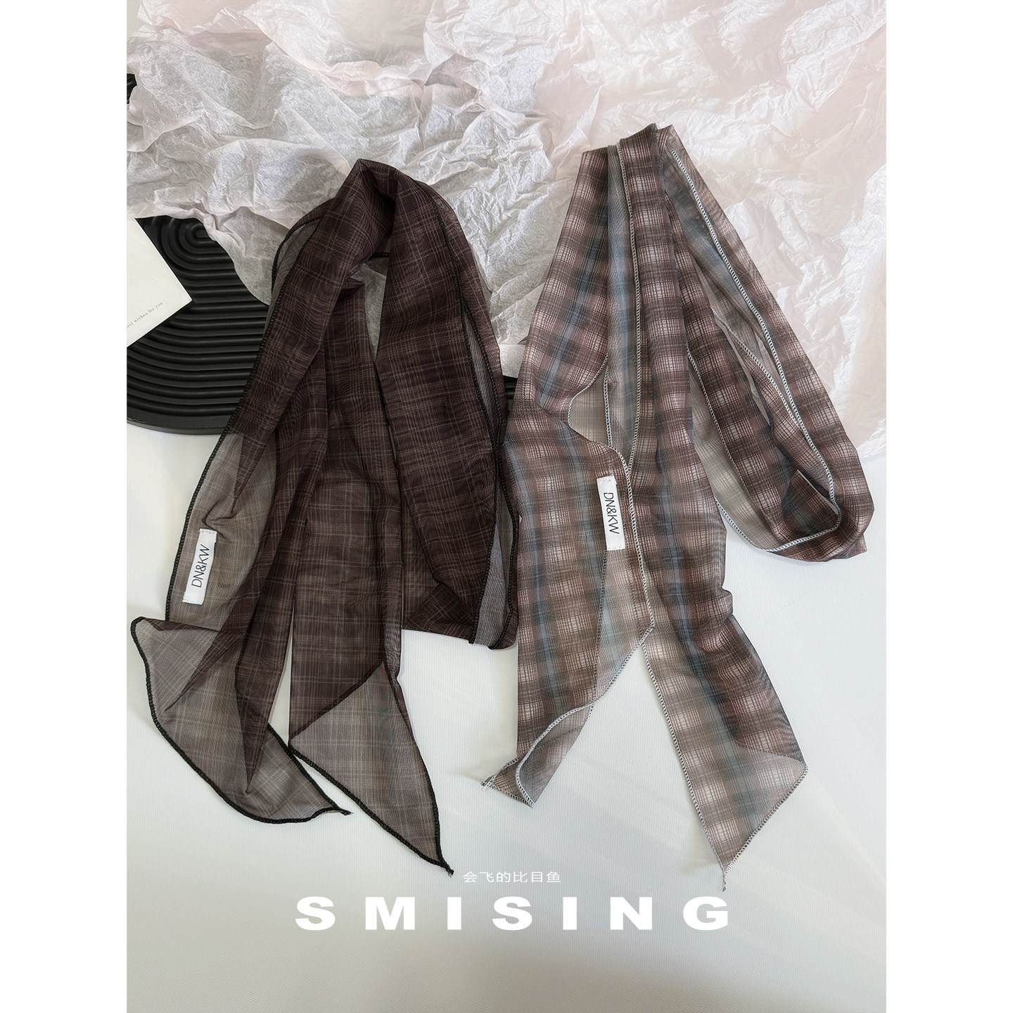 韩版格子窄款丝巾女春夏秋高级感长方形围巾百搭飘带护颈装饰头巾