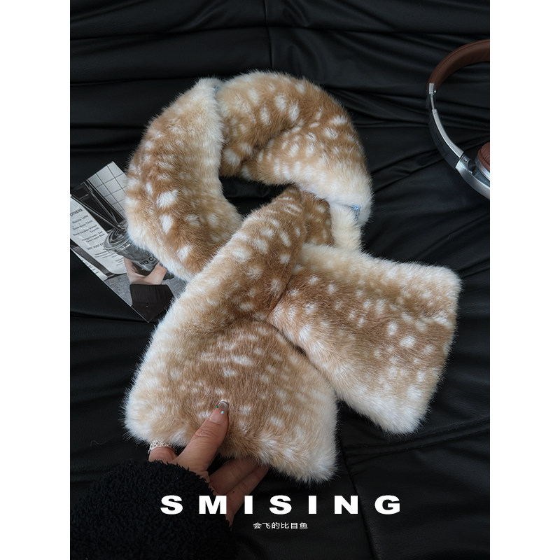 2026新款韩版梅花鹿纹毛绒绒围巾女球冬季保暖百搭高级感交叉围脖