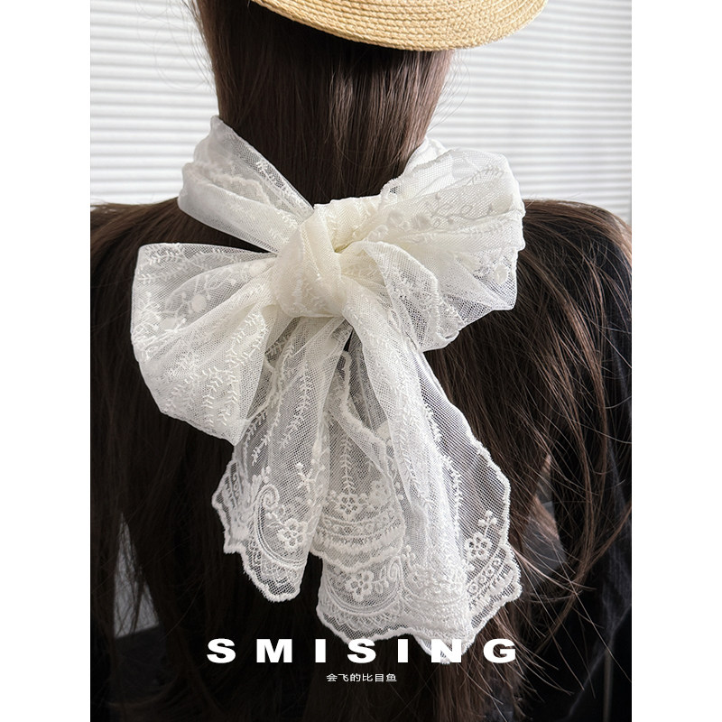 2026新款法式气质白色蕾丝飘带丝巾女春夏季薄款时尚百搭装饰领巾
