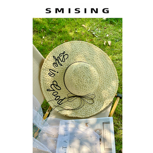 法式赫本风字母刺绣大檐草帽女春夏秋海边沙滩度假遮阳防晒草编帽