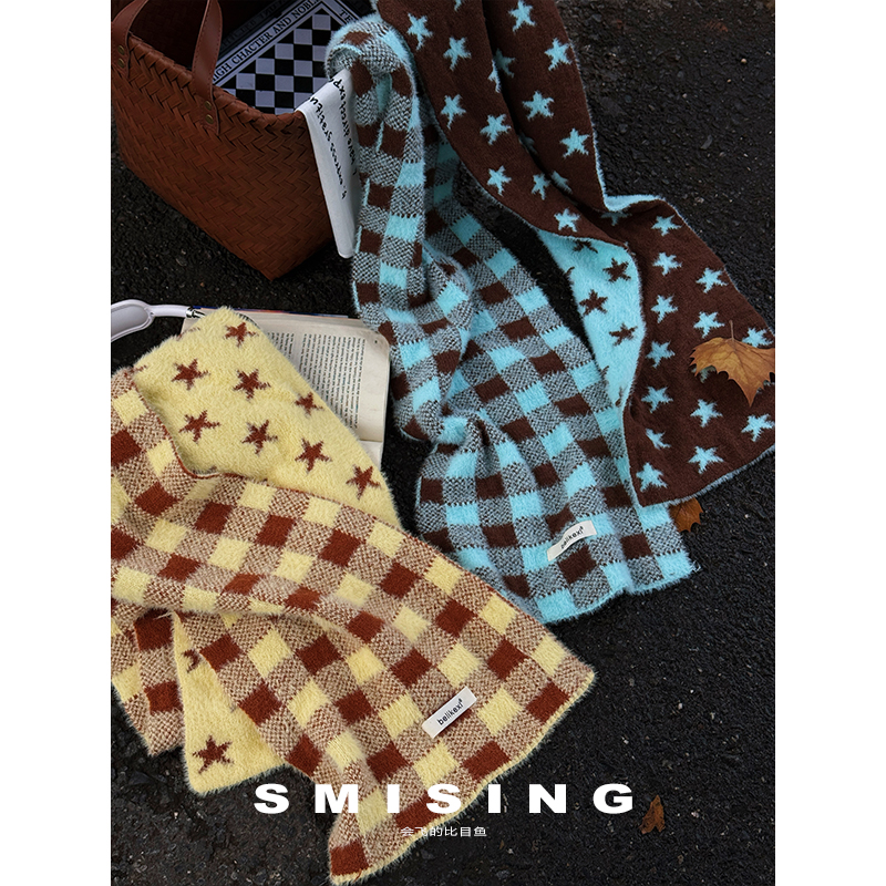 韩系新款焦糖布丁双面格子星星毛绒围巾女秋冬甜美百搭保暖围脖潮