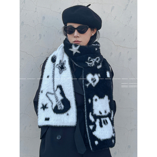 韩系可爱小猫咪吉他毛绒双面围巾女秋冬季 加厚保暖软糯糯护颈围脖