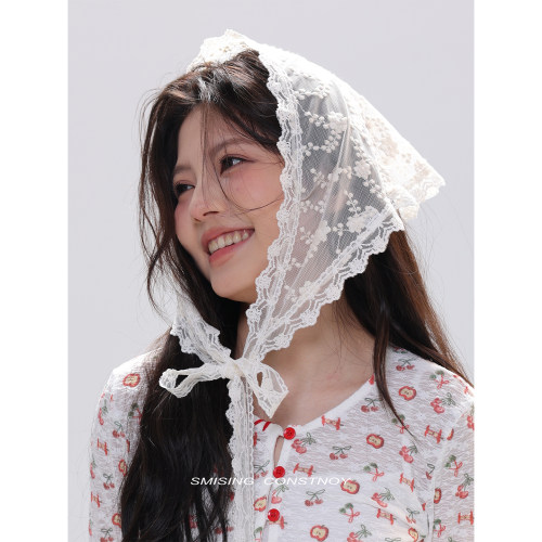 韩版白色蕾丝绑带三角巾女