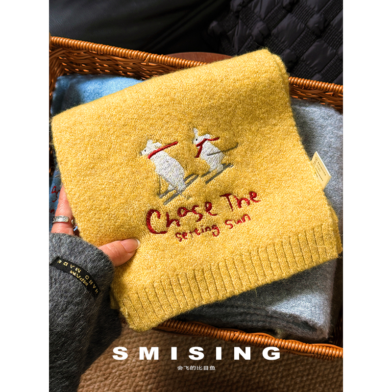 日系卡通可爱滑板北极熊针织围巾女秋冬季学生百搭保暖防寒小围脖