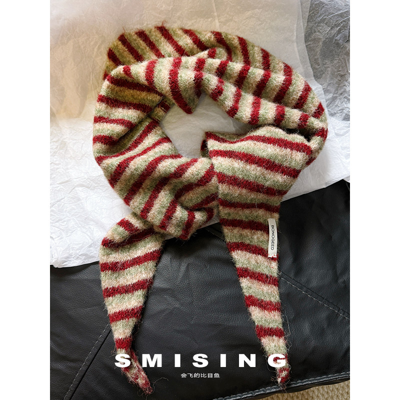 2025新款韩系条纹针织三角巾披肩女秋冬季时尚百搭多功能外搭坎肩