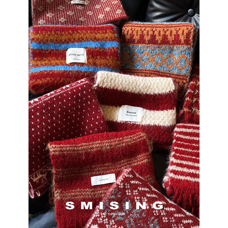 韩版新款氛围感条纹红色系列针织围巾女秋冬季保暖防寒复古围脖潮