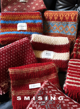 韩版新款氛围感条纹红色系列针织围巾女秋冬季保暖防寒复古围脖潮