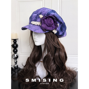韩系小众复古枯萎花朵云朵贝雷帽女春秋季新款扎染磨边百搭八角帽