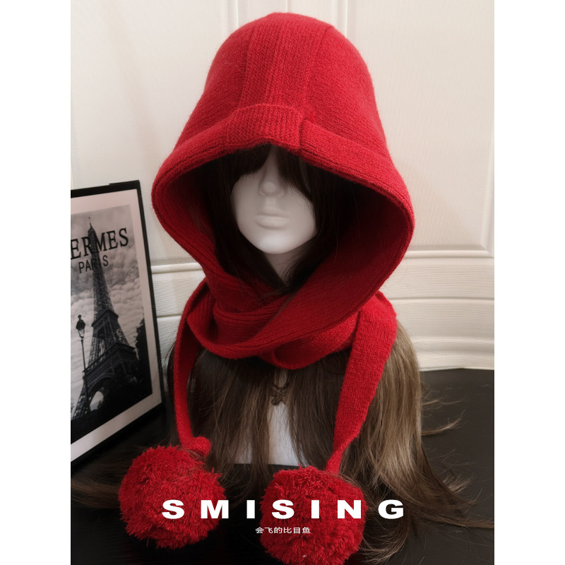 韩版百搭纯色帽子围巾一体