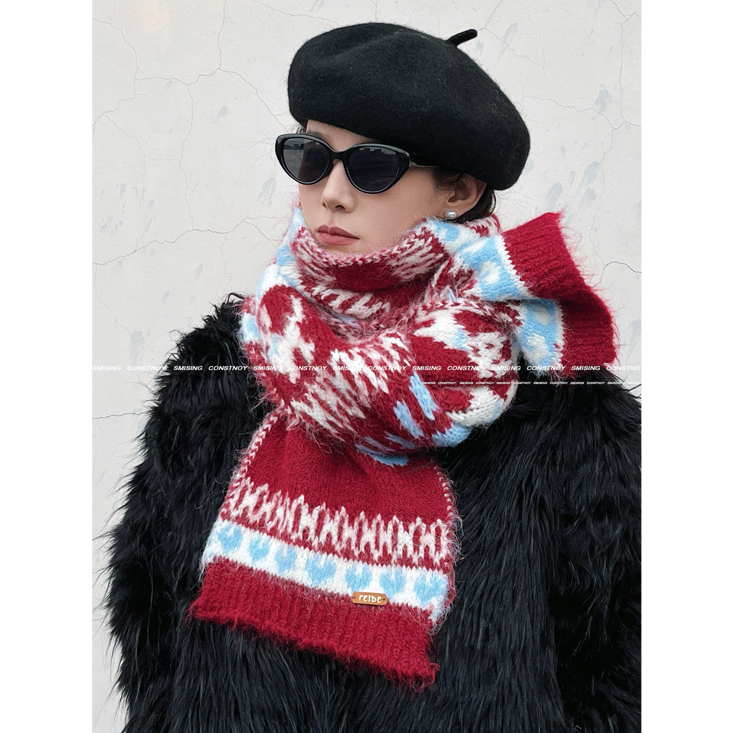 费尔岛风拼色羊毛围巾女冬季红色加厚保暖护颈氛围感时尚防寒围脖,服饰配件/皮带/帽子/围巾,围巾/丝巾/披肩,淘宝优惠券,粉丝福利购,淘宝优惠卷