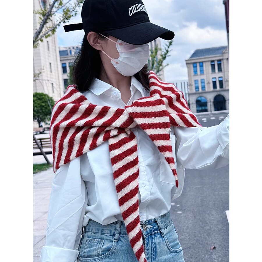 秋冬季格纹休闲女针织披肩三角巾