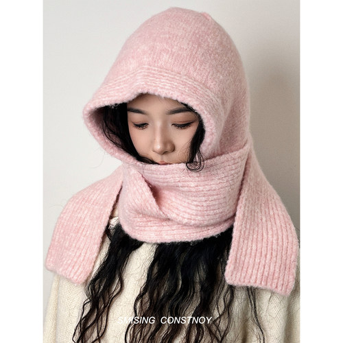 2025新款韩系时尚简约纯色针织帽子围巾一体女秋冬保暖护耳包头帽