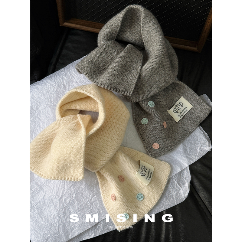 韩系新款小花朵笑脸纽扣针织围巾女秋冬季时尚氛围感学生百搭围脖