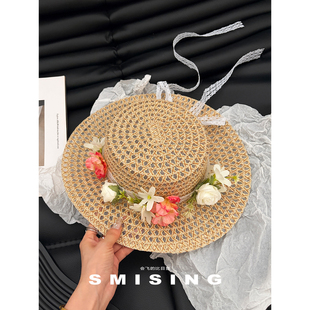 法式甜美花朵装饰镂空平顶草帽女夏季旅游度假蕾丝飘带遮阳防晒帽