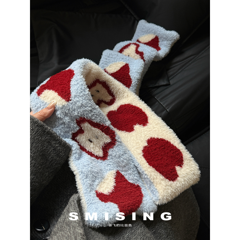 可爱苹果毛绒围巾女秋冬