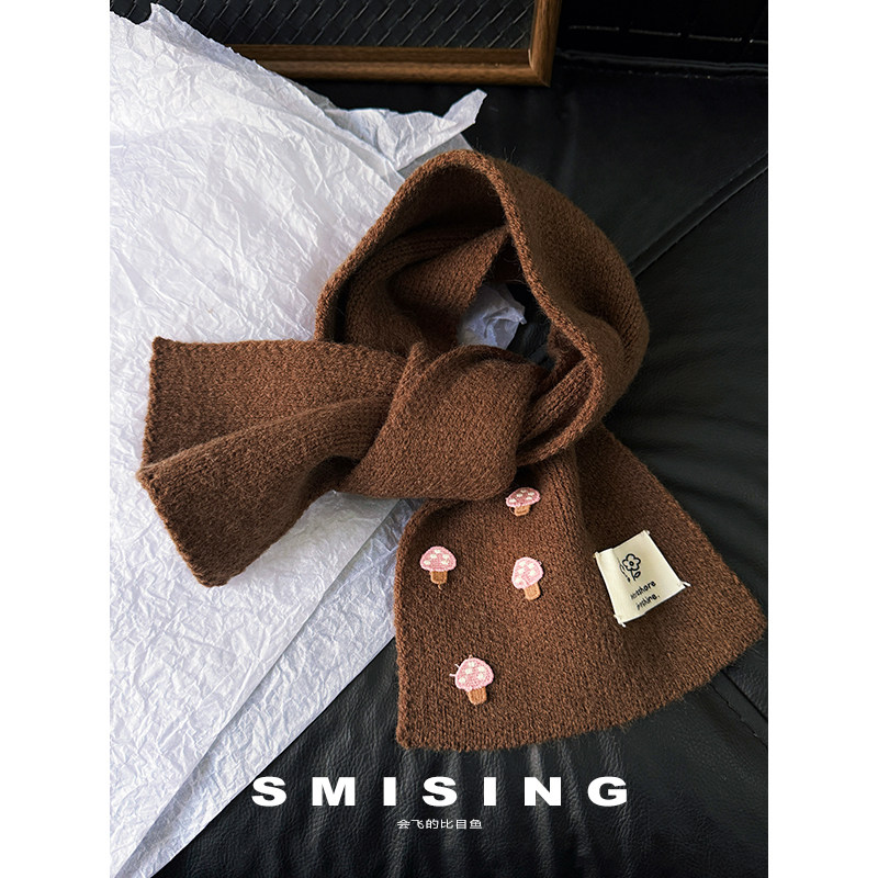 日系新款可爱刺绣小花针织交叉围巾女秋冬季2025甜美可爱百搭围脖