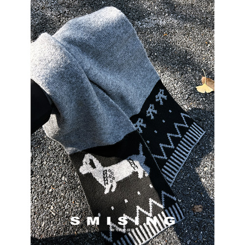 日系双面可爱腊肠小狗针织围巾