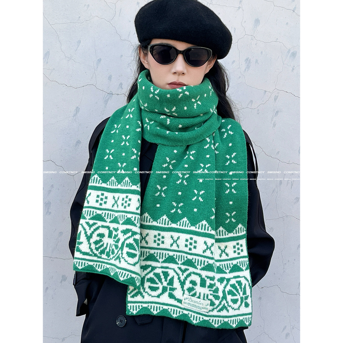 欧美风费尔岛几何图案针织围巾绿色女冬季防风护颈氛围感保暖围脖,服饰配件/皮带/帽子/围巾,围巾/丝巾/披肩,淘宝优惠券,粉丝福利购,淘宝优惠卷