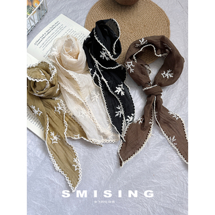 2025新款 小众高级感系腰丝巾领巾 森系田园风蕾丝包头三角巾女夏季
