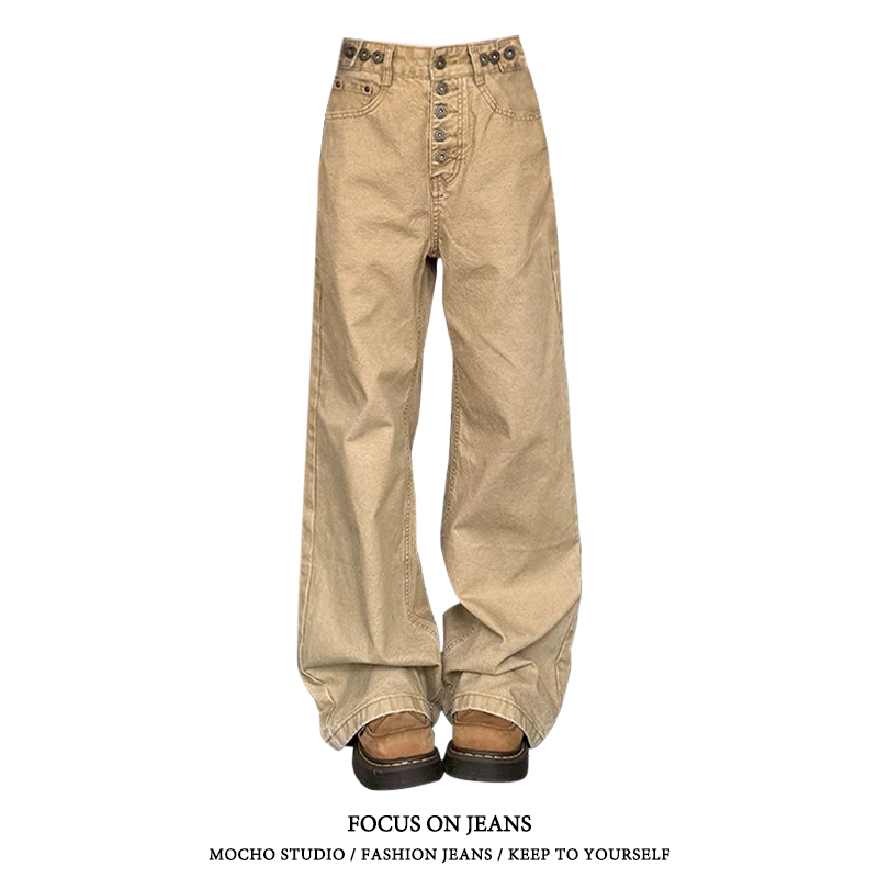 美式复古可调节排扣直筒牛仔裤女春秋款高街设计感宽松显瘦阔腿裤