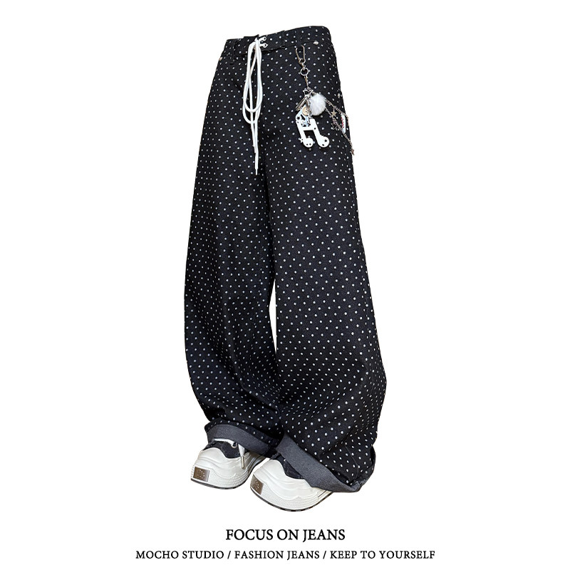 美式复古波点满印卷边牛仔裤女夏季高街设计感直筒百搭宽松阔腿裤,女装/女士精品,牛仔裤,淘宝优惠券,粉丝福利购,淘宝优惠卷