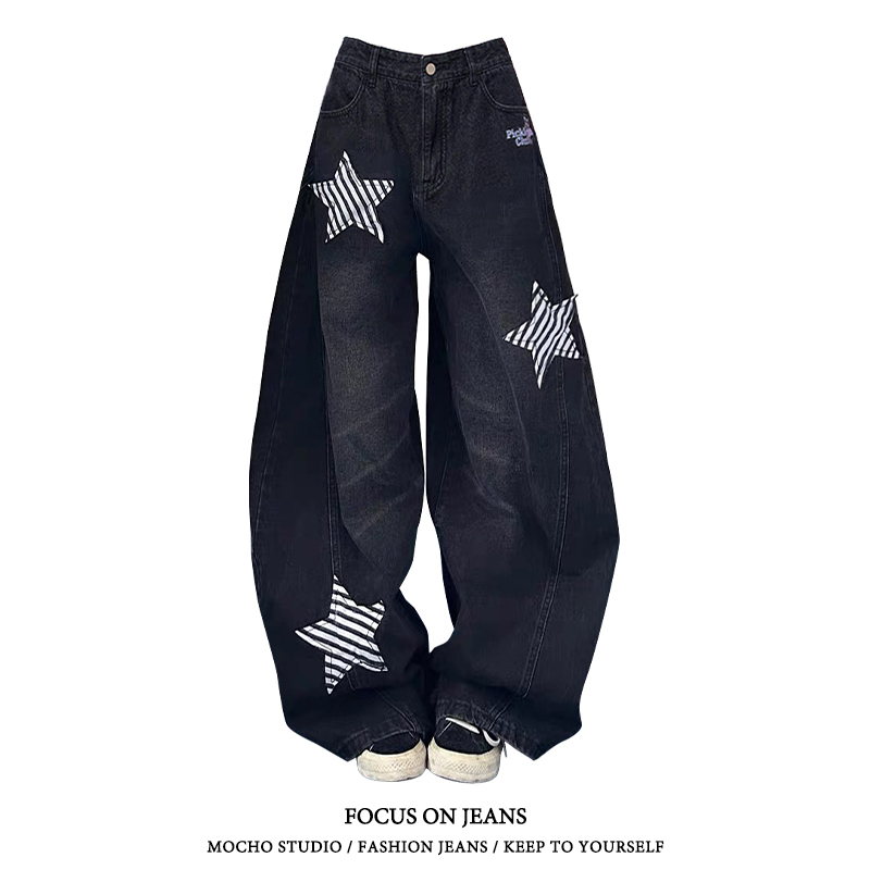 美式复古星星弯刀牛仔裤女春秋款高街设计感宽松显瘦垂感阔腿裤子