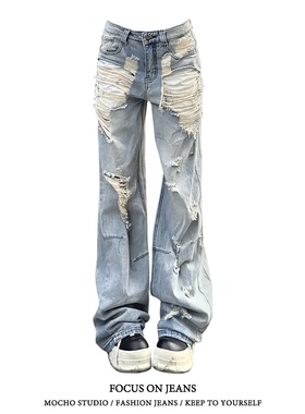 美式复古辣妹低腰破洞牛仔裤女夏季高街设计感直筒宽松显瘦阔腿裤