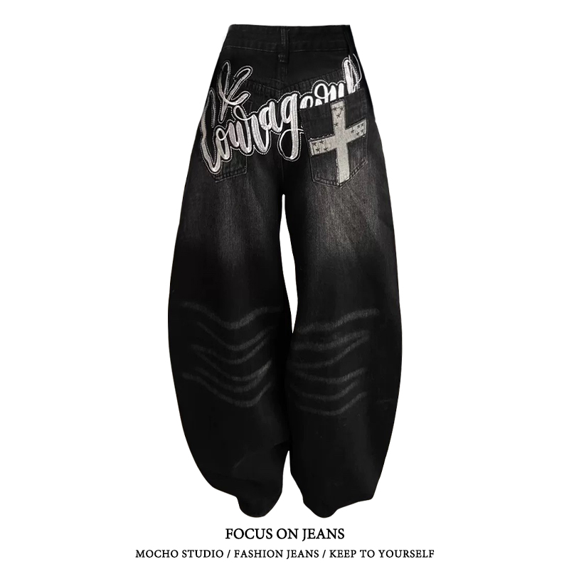 美式复古黑色弯刀牛仔裤女春季新款高街设计感宽松显瘦垂感阔腿裤