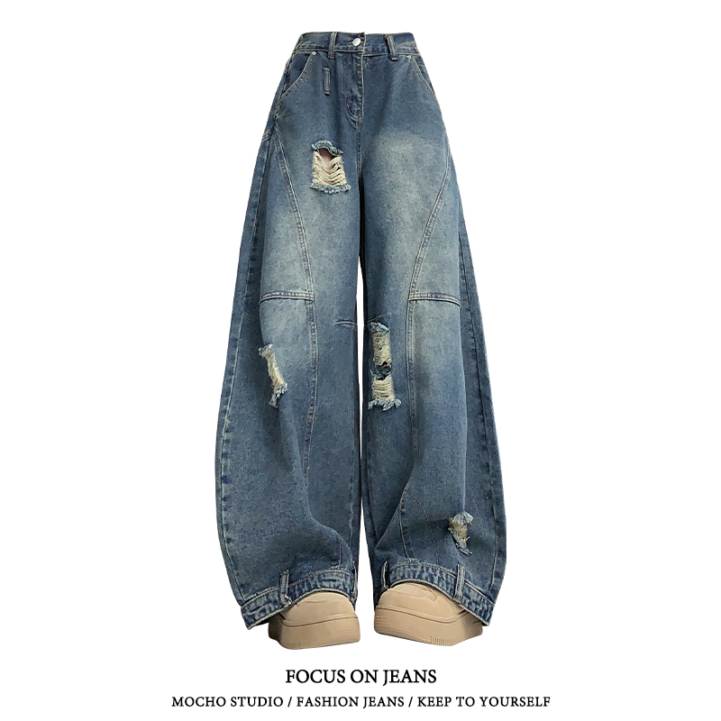 美式复古破洞解构弯刀牛仔裤女夏季辣妹高街设计感宽松显瘦阔腿裤