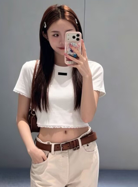 深圳南油高端女装 明星同款经典M字母蕾丝花边镂空提花白色棉T恤
