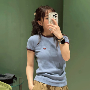深圳南油高端女装 简约百搭修身撞色三角标纯棉圆领短袖T恤上衣女