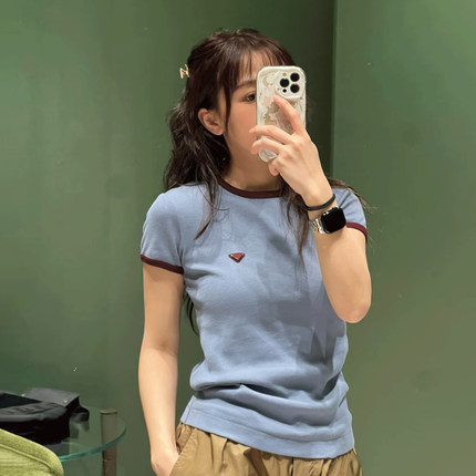 深圳南油高端女装 简约百搭修身撞色三角标纯棉圆领短袖T恤上衣女