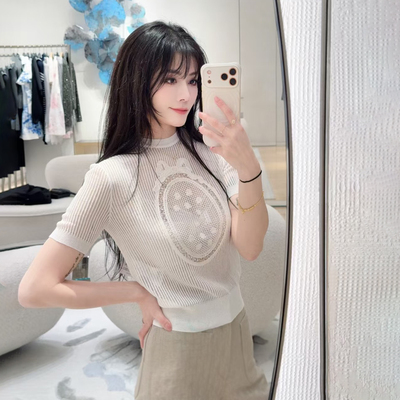 蝴蝶结字母刺绣镂空短袖针织衫女