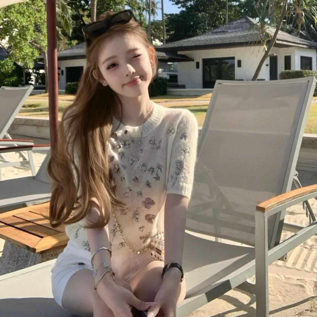 深圳南油高端女装 重工立体蝴蝶刺绣 透视薄款圆领短袖针织衫上衣