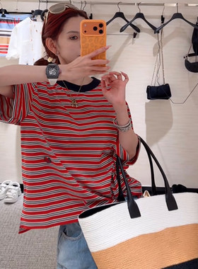 美式撞色条纹海马刺绣短袖T恤女