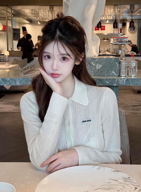 深圳南油女装 M字母徽标 甜美镂空花边polo翻领长袖针织开衫上衣