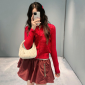 针织开衫 深圳南油高端女装 M字母徽标刺绣红色几何镂空长袖 外套女