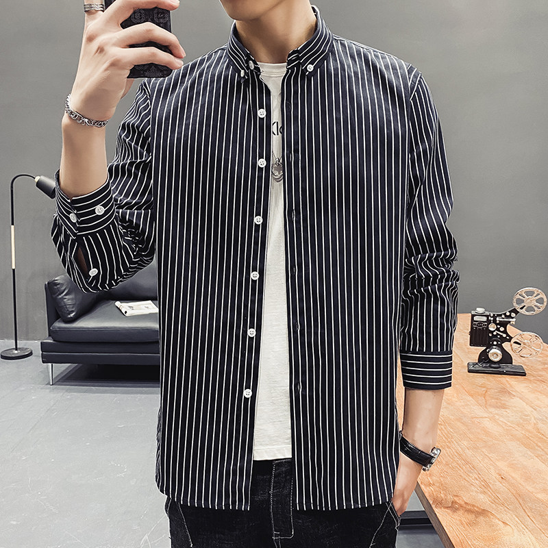 2023新款韩版条纹衬衫男长袖修身衬衣青年帅气寸衫1301-CS122-P28，男装衬衫，星座1301