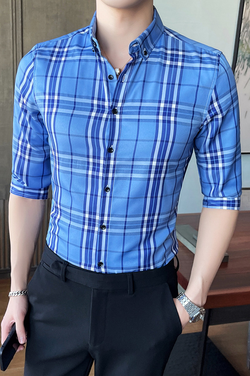 可代发男士格子衬衫七分袖夏季薄款帅气百搭男衬衣1301-CS127-P30,男装衬衫,星座1301