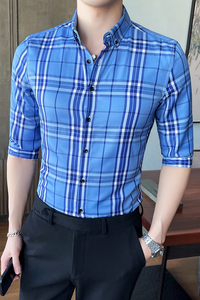 可代发男士格子衬衫七分袖夏季薄款帅气百搭男衬衣1301-CS127-P30图片