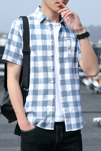 夏季纯棉格子衬衫男短袖韩版修身衬衣青少年半袖 XZ1301-CS87-P35图片